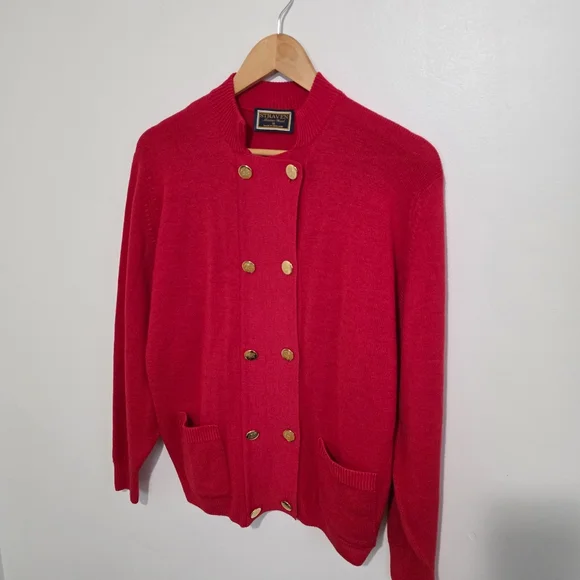 Vintage Straven Bright Red Ribbed Wool Cardigan with Gold Buttona - Picture 8 of 9